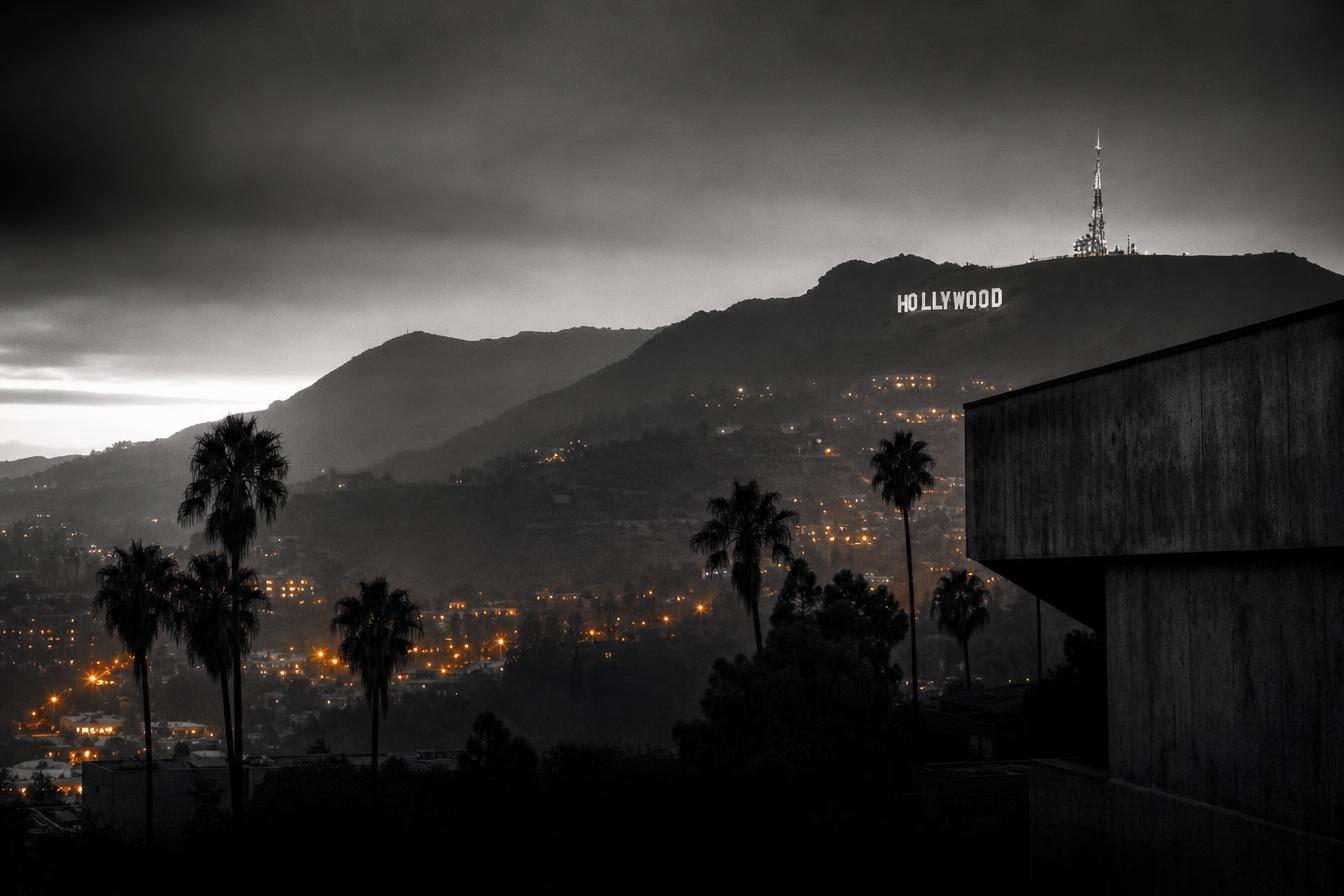 Moody cinematic view of the Hollywood Hills at dusk with the Hollywood sign in the distance